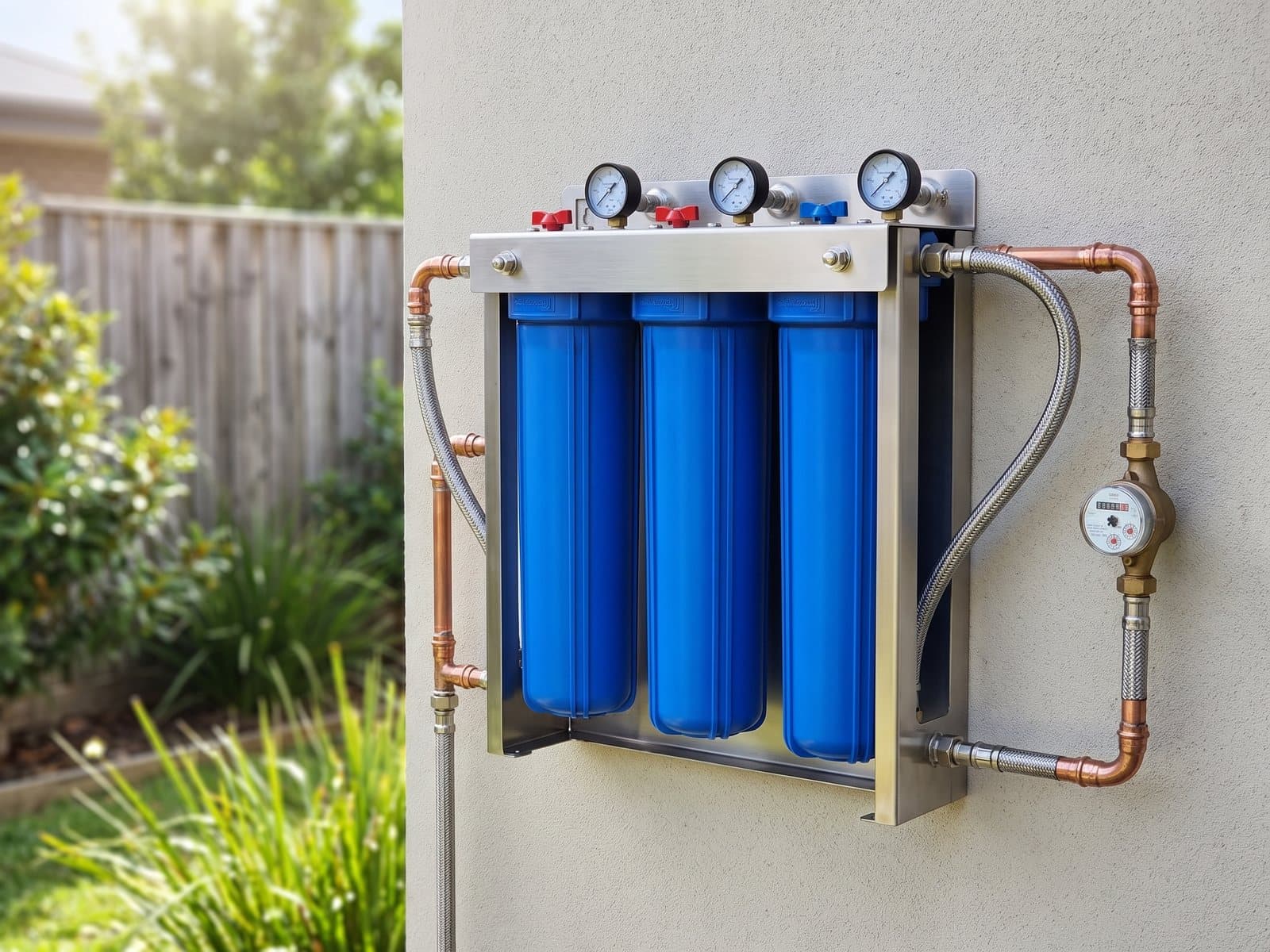Pure Filtered whole home water filtration system, three 20-inch filters in a stainless steel frame, installed on the outside wall of a home next to the water meter